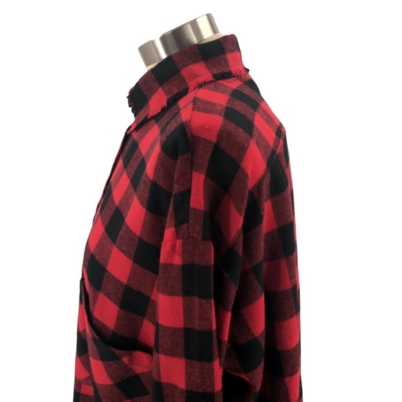 FAVLUX Womens Red & Black Check Button Up Roll Tab Sleeve Fringe Crop - Picture 4 of 13